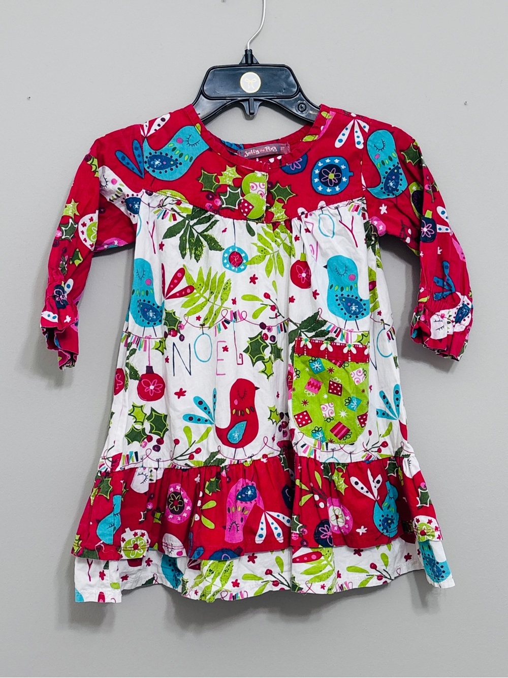 Jelly the Pug Girls Dress 3T Red Christmas Bird Cotton Long Sleeve